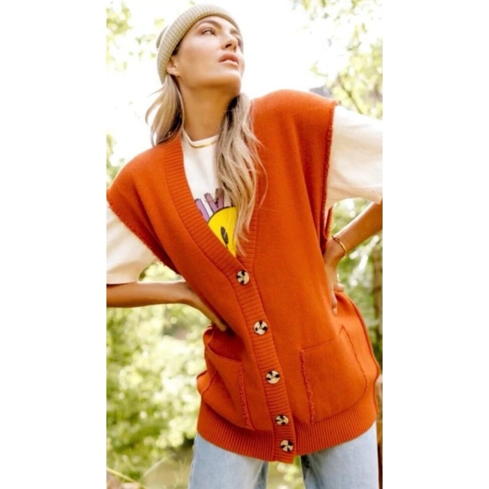 Free People Rustic Orange Button-Front Knit Vest